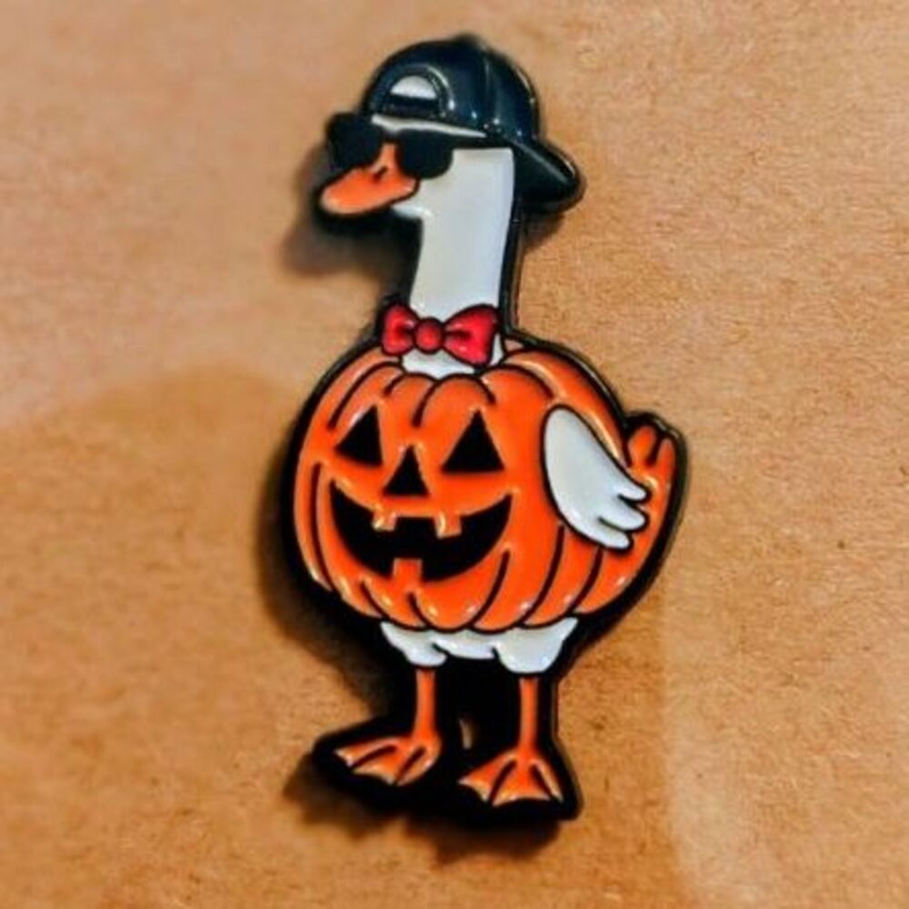 Cool Halloween Goose Wearing Sunglasses & Pumpkin Enamel Jack O' Lantern Pin